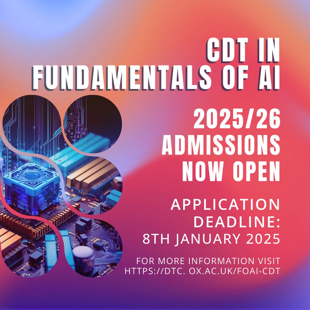 A graphic with a wavy gradient background in the department brand colours, with a lilac tint. To the left is an AI generated 3D rendered image (through Canva Dream Lab) of a microchip and internal computer parts and overlaying 2D circuit board lines to represent AI. The image is within an abstract frame. On top of the gradient background is text that reads: “CDT IN FUNDAMENTALS IN AI. University of Oxford. 2025/26 Admissions are now open. Application deadline: 8th January 2025. For more information visit https://dtc.ox.ac.uk/FOAI-CDT.”