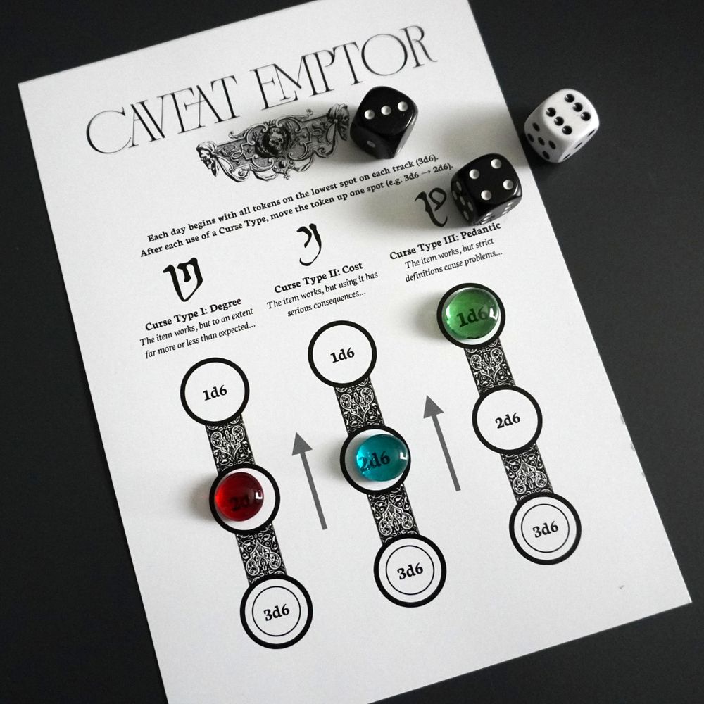 Curse tracking sheet for Caveat Emptor solo TTRPG about cursing items. Dice and tokens shown on printed tracker.