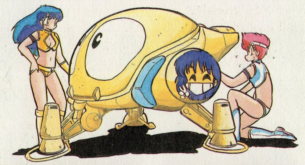 Kei and Yuri working on this yellow ship with large white eyes on the front and a grinning Yuri on the side.
