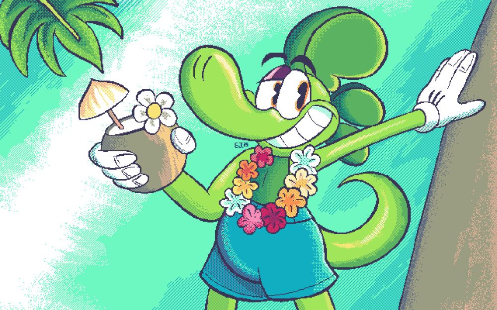 Green the Iguana leaning his hand against a tree while holding a coconut drink.