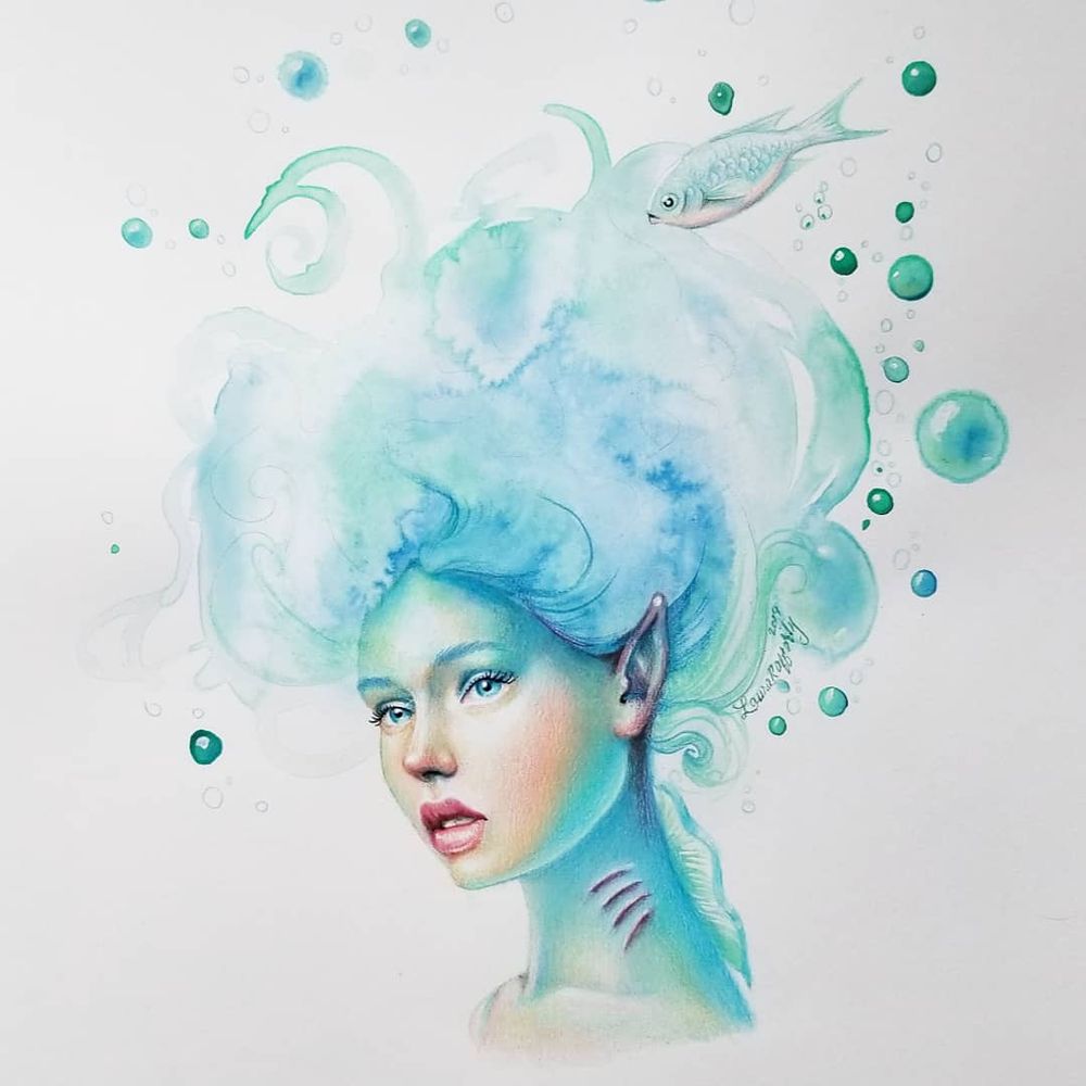 A photograph of a painting of a mermaid. Her gentle face and delicate eyes hold a wary mistrust. Her hair is bluegreen and messy watercolor. Her pale skin looks iridescent like a fish scale. She's got gills on the side of her elegant neck and a fish is swimming unbothered in the top right corner of the composition. Bubbles frrame her on a white background.