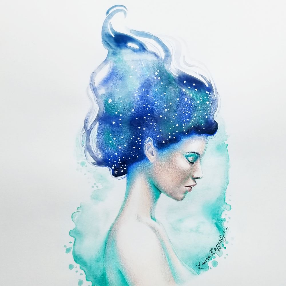 a portrait of a woman with stars in her dark blue hair, looking down. her expression is forlorn as she floats in a puddle of mint green watercolor.