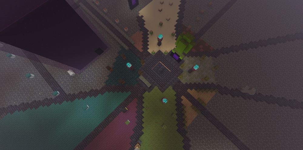 A minecraft screenshot of a nether roof hub with a starburst pattern of roads leading away from the central area. When Dawg laid out the main design, I started extending the color slices outward from the center; starting with moss, then the warped woods to the south. 