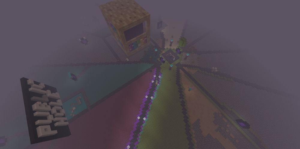 The design is starting to come together. A minecraft screenshot of roads leading out and different portals leading to the main roads. On the top area of the screenshot, the magnificent new bookshelf design stands tall over spawn. The Public Hole is visible in the screenshot too; with a square road encircling the way down to the main nether. More of the slices are filled by Sam and CV: Sam worked on the sandstone slice while CV filled in the nether woods, moss and the jungle and oak slices.