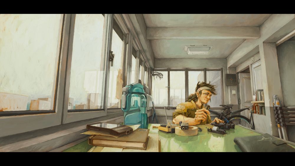 My character sitting at a balcony table working on stuff on a overcast afternoon