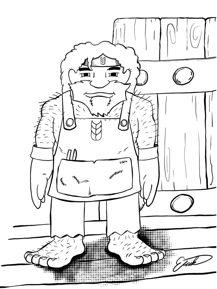 A lineart illustration of a dwarf in an apron and tattered pants, standing in front of a brewship. 