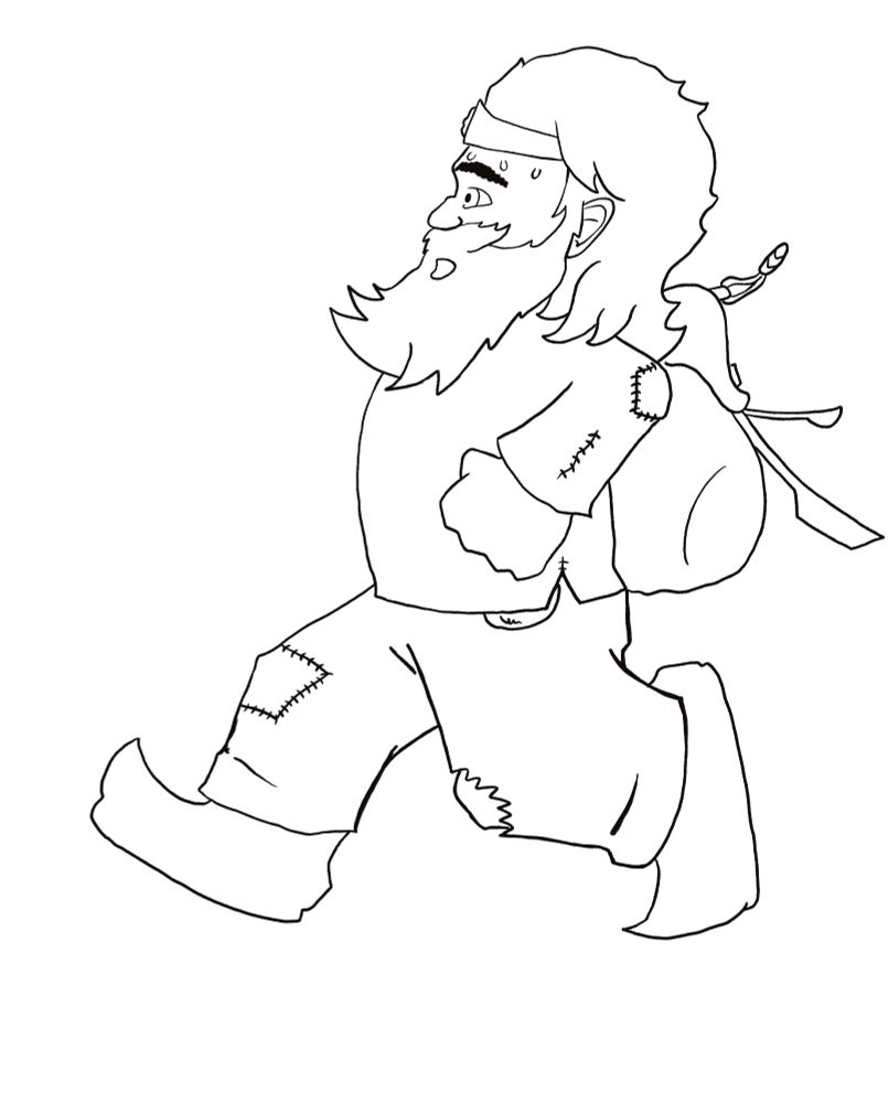 Line drawing of a dwarf running while wearing a backpack and tattered clothes.