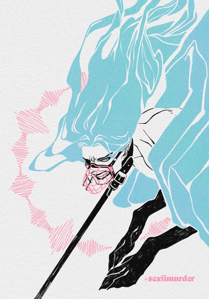 A snarling man with blue hair and blue robes. He's wearing a pink muzzle with black straps around his face, and a black collar with a leash pulled taut. He has black, bestial front limbs with wolf paws.