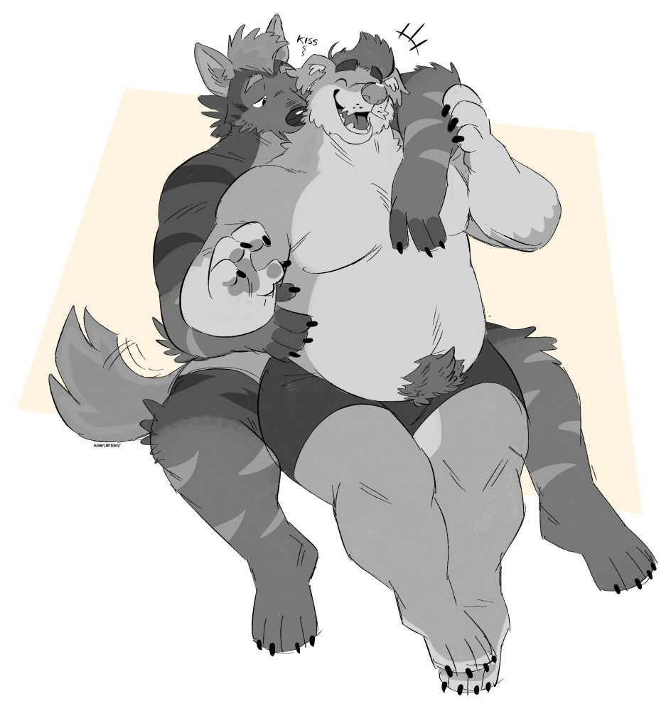 Drawing of a striped hyena furry love biting a golden retriever on the neck. Drawing by Benny the cartoonist. 