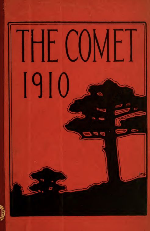 cover of cookbook, striking red background with black trees on a sloping hill. The Comet 1910