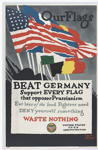 "Our Flags. Beat Germany. Support every flag that opposes Prussianism. Eat less of the food Fighters need, Deny yourself something. Waste Nothing."
national archives
between circa 1917 and circa 1919