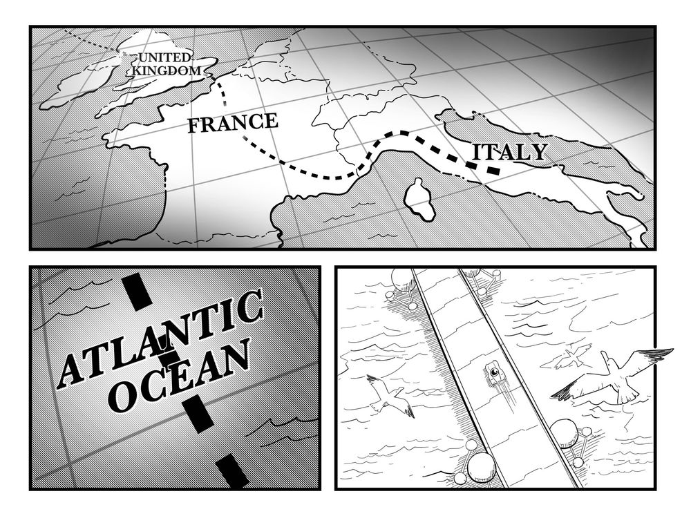 Panel 4, Map of Europe, a dotted line shows Racecar's path from Italy through France, across the channel to the United Kingdom, and then into the ocean. Panel 5, Close up of the dotted line, with the text, "Atlantic Ocean". Panel 6, Seagulls fly above the floating racetrack, Racecar zooming across. 