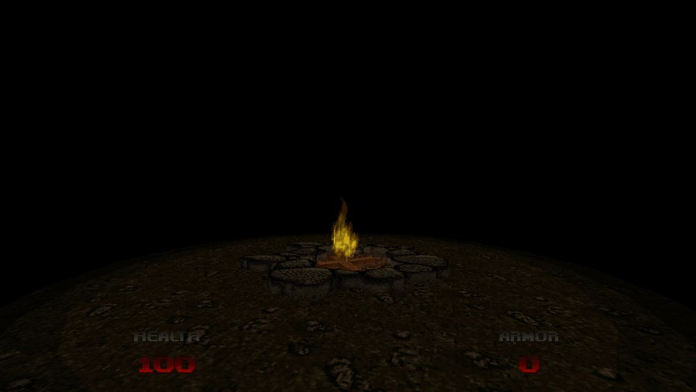 A campfire illuminating a small circle of ground. Everything else is in complete darkness.