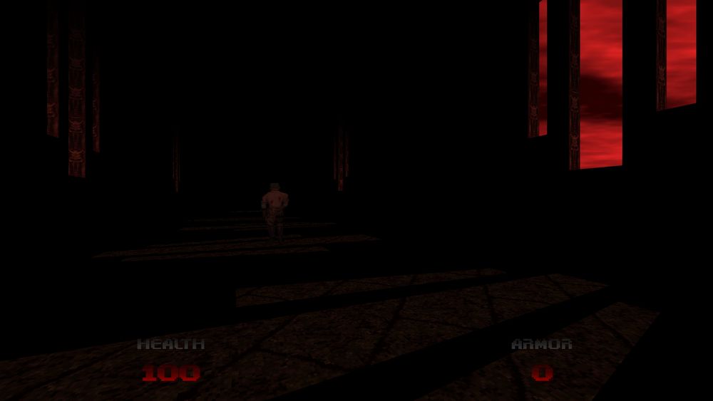 Doom 64 screenshot showing a completely dark room except for tall windows open to a red sky.