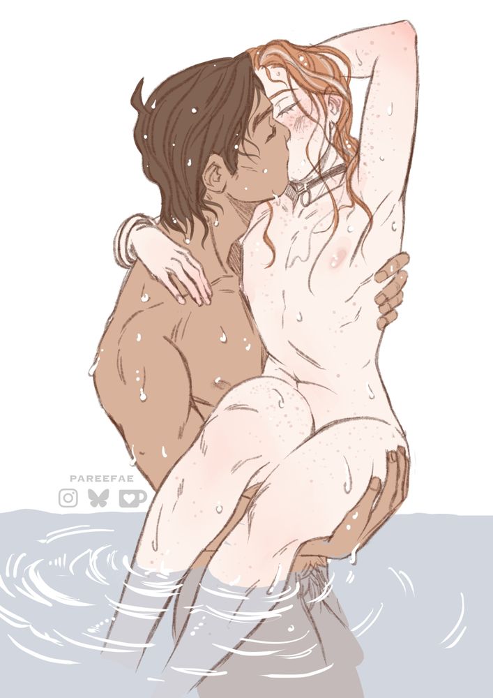 My characters Leo (with darker skin) and Fran (a read head) embracing and kissing in a pond