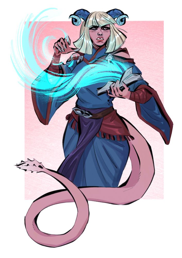 A half body sketch of a pink tiefling with light short hair holding a spell book, blue toned magic being pulled from its pages.