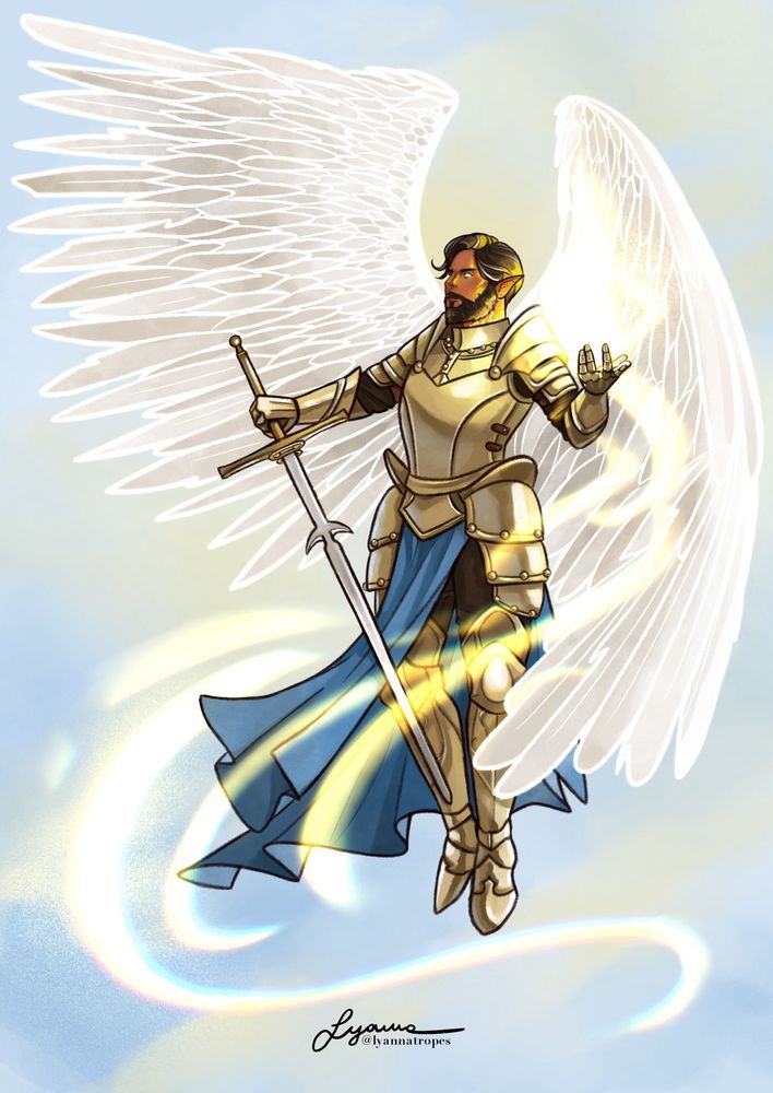Golden armored angelic man with silver wings, tanned skin, salt and pepper hair, wielding a zweihander 