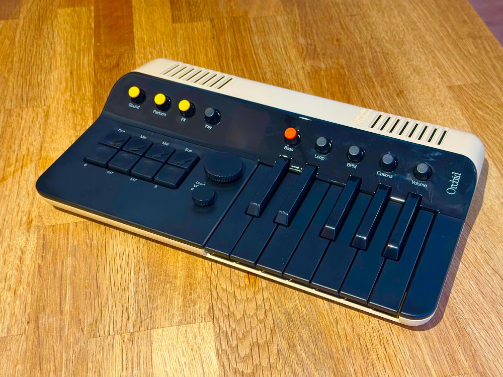 A photo of the Telepathic Instruments Orchid. A tiny little beautiful synth.