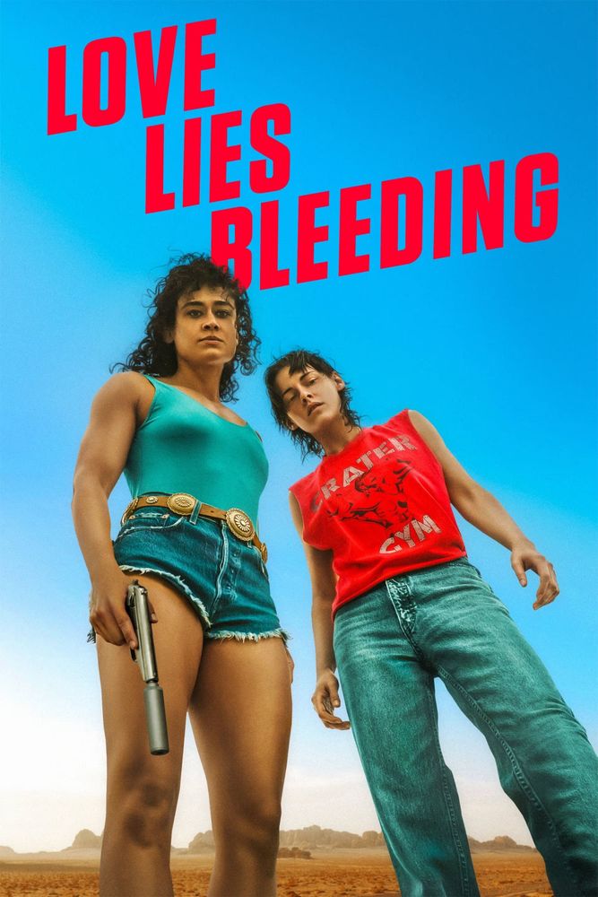 Movie poster for Love Lies Bleeding showing Katy O’Brien and Kristen Stewart looking at the camera. 