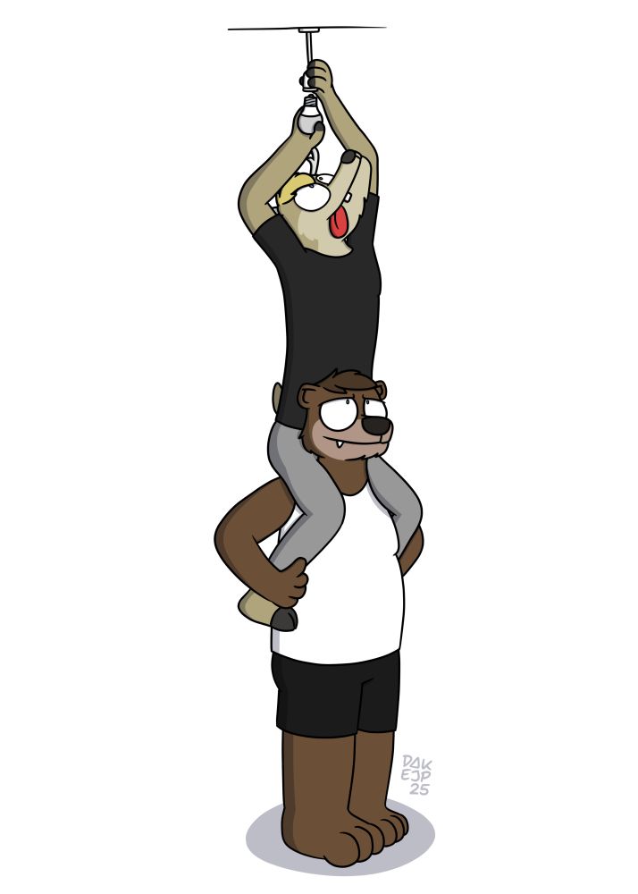 Illustration of Zak, an anthro deer, attempting to screw a lightbulb into a dangling fitting while sat on the shoulders of Nath, a bear.