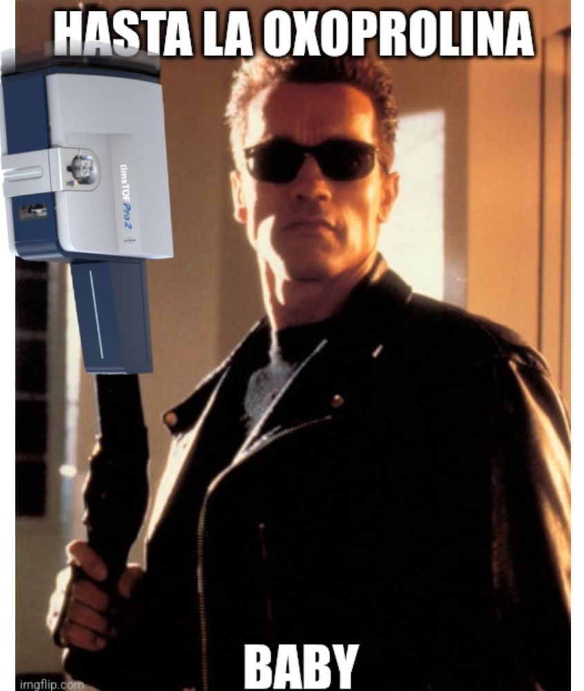 Terminator holding a mass spectrometer saying "hasta la oxoprolina baby"