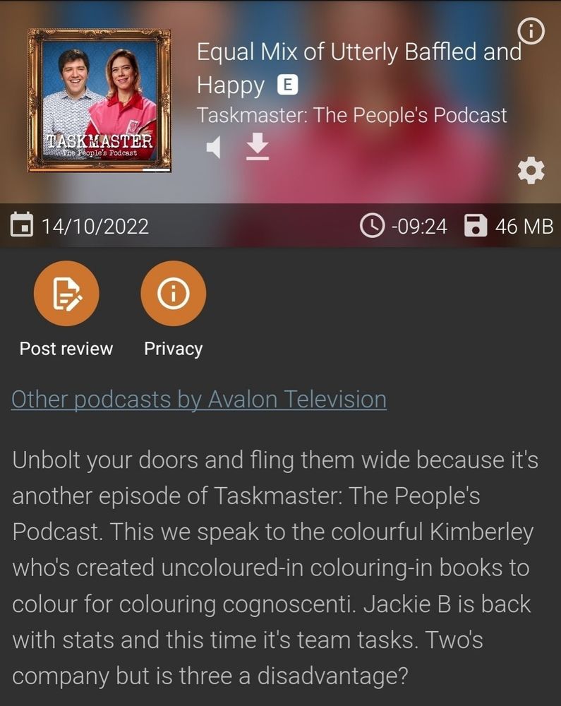 A screenshot of Taskmaster the People's Podcast on a podcast app. The title is "Equal Mix of Utterly Baddled and Happy"