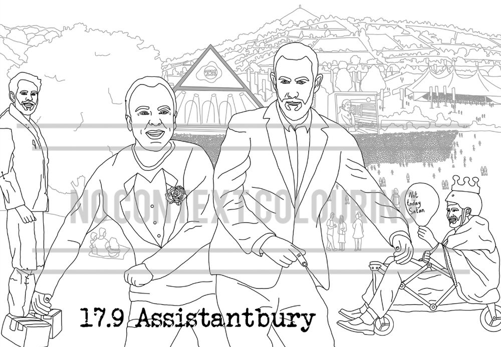 Steve Pemberton and Alex horne are bumping bums in front of paul williams in a paper suit and Tom Cashman in a trolly with a balloon. They're all in front of the Pyramid Stage (slightly adapted to an A shape with the TM logo) Nick Mohammed can be seen on the big screen playing his ode to the Assistant. 