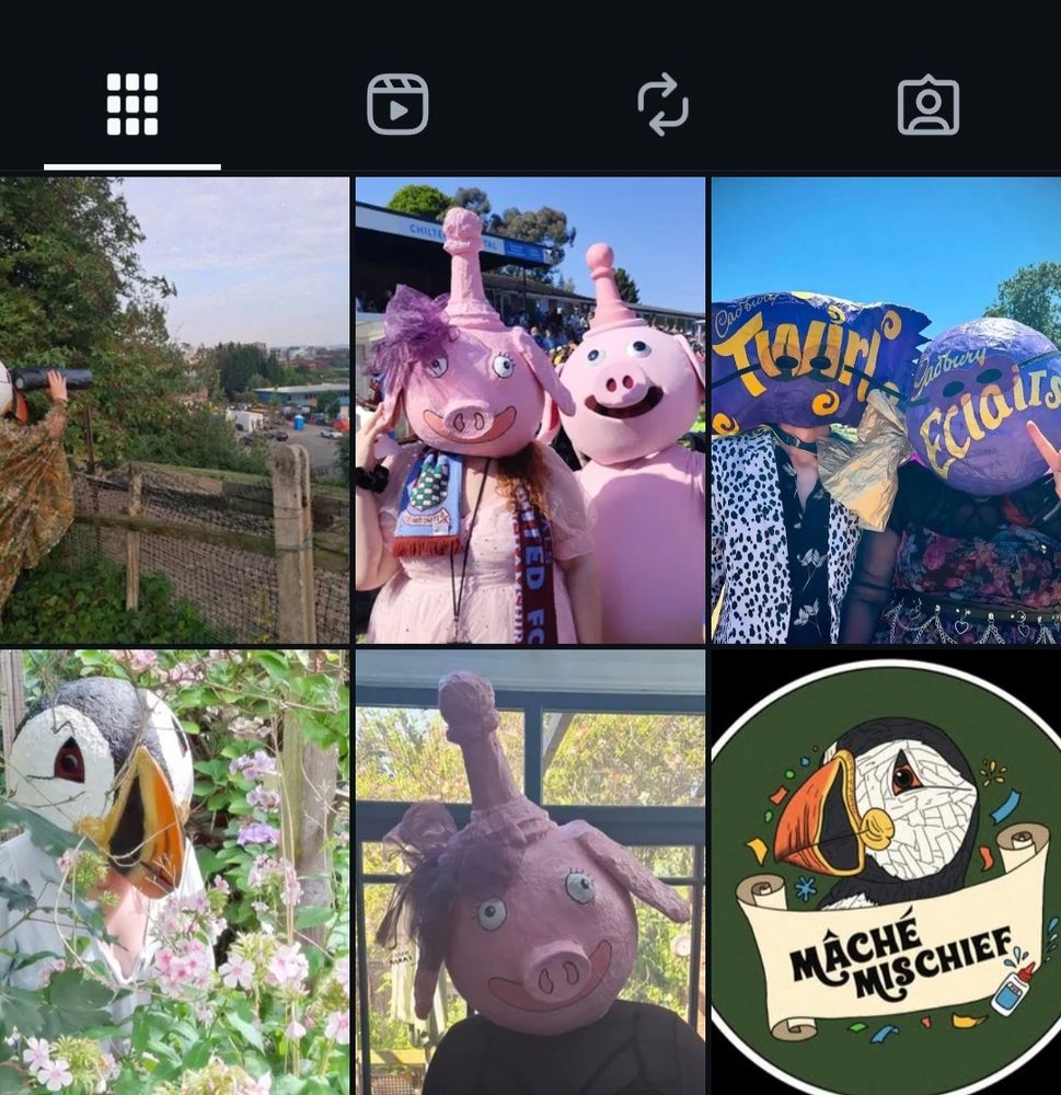 An instagram grid showing stupid photos of people wearing papier mache heads of chess ham (a pig with a chess piece on its head, giant miniature heroes twirl and éclair and a puffin)