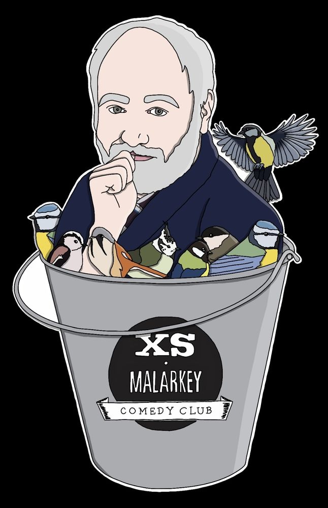 Toby Hadoke is in a silver bucket that reads "xs malarkey comedy club". He's sucking his thumb. The bucket is also full of tits (the birds) with one flying behind one of his shoulders.