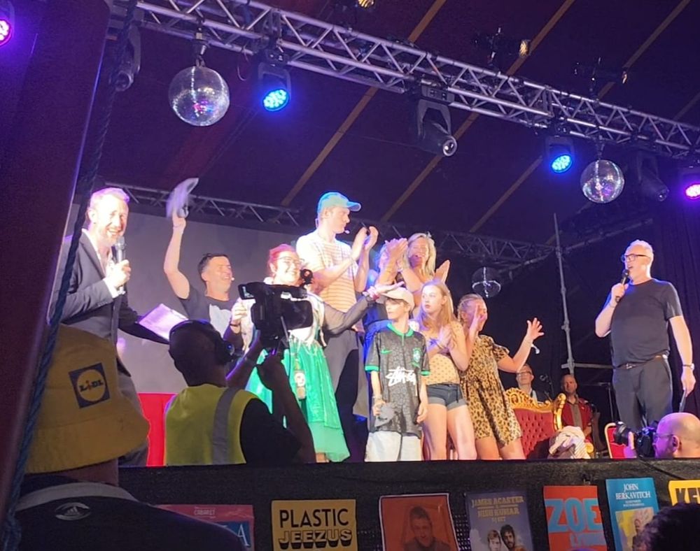 Me on stage with Alex Horne, Spencer Jones, James Acaster, Kerry Godliman, Lou Sanders, and Greg Davies