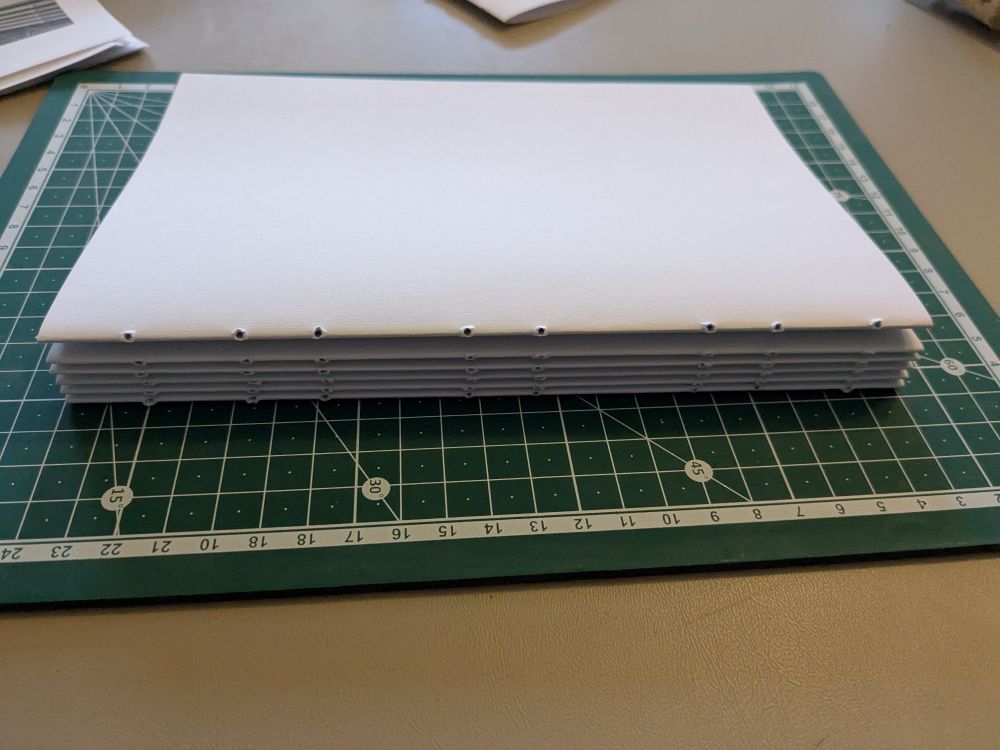 a stacked set of 6 book signatures, with punched holes along the spines