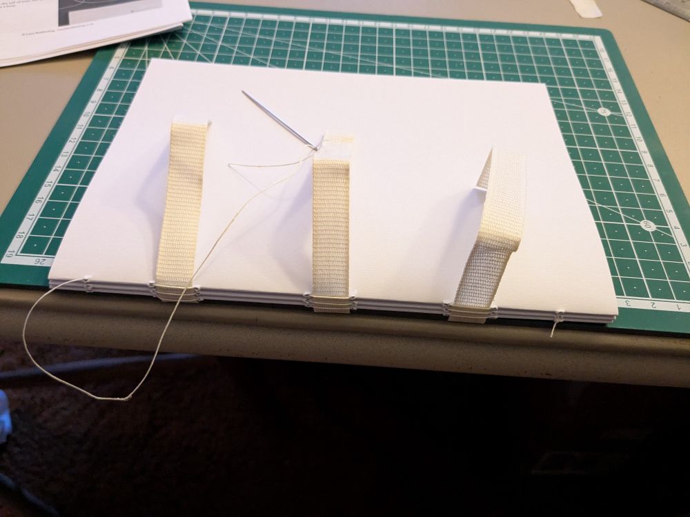 a stack of several book signatures in the process of being sewn together 