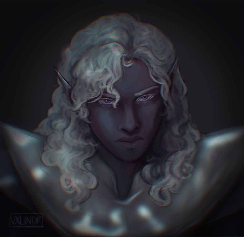A portrait of Essek Thelyss from critical role, a drow with white shoulder-length hair looks toward the viewer 