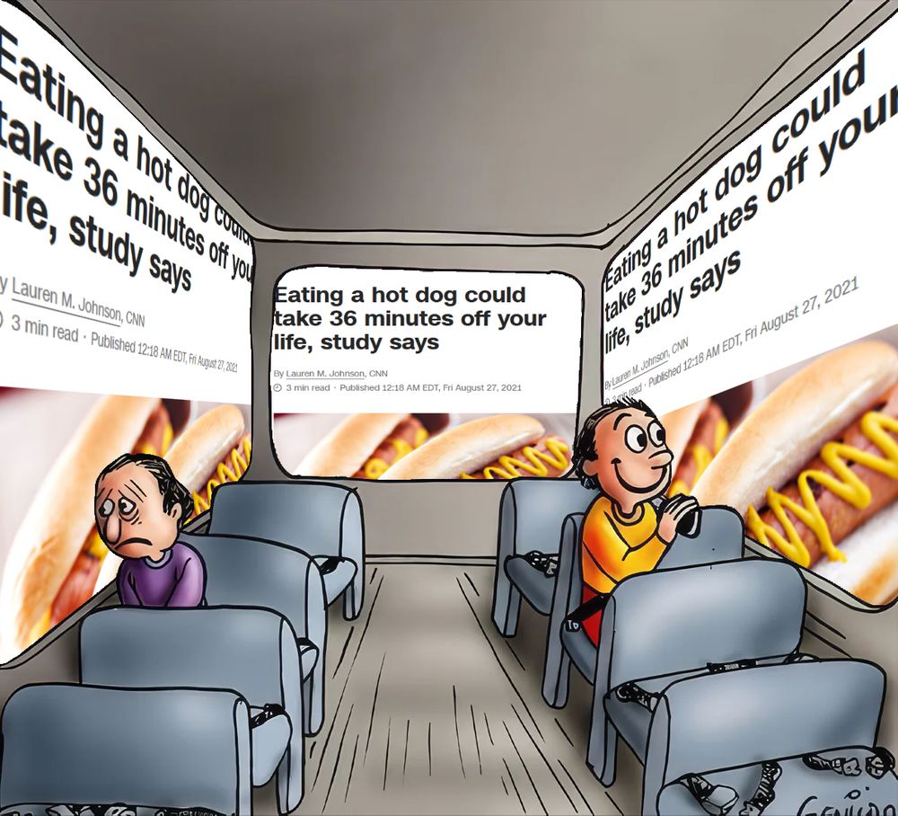 2 guys looking out of the bus meme but every window shows a news article saying, "Eating a hot dog could take 36 minutes off your life, study says"