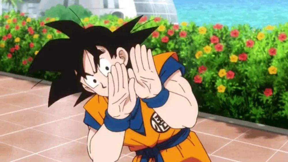 a cartoon of goku covering his face with his hands with flowers in the background