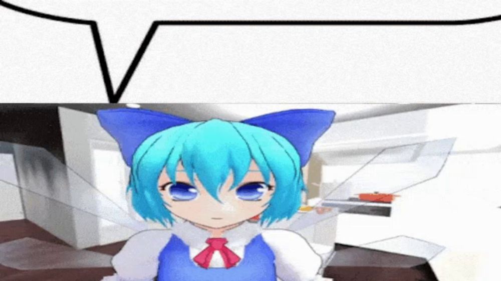 a cartoon character with blue hair and a cat ear bow