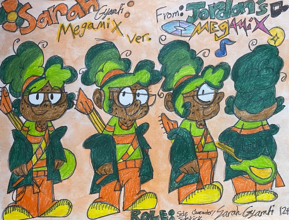 Sarah (Voiced by me (Sarah Gyamfi)): One of the nicest bass players ever conceived, Sarah is a cutie but also plays a mean note. She likes hanging out with Jordan and Kaptain Tail. She gets nervous if she’s alone without them.