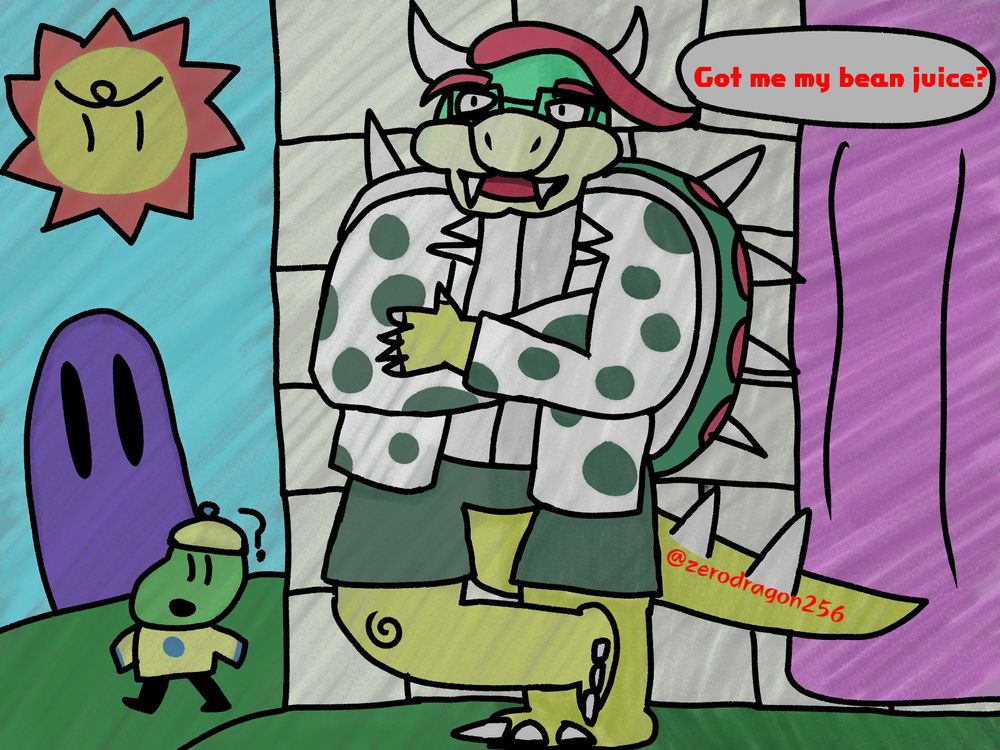 Bowser in a vest and pants standing near a brick wall asking "Got me my bean juice?"