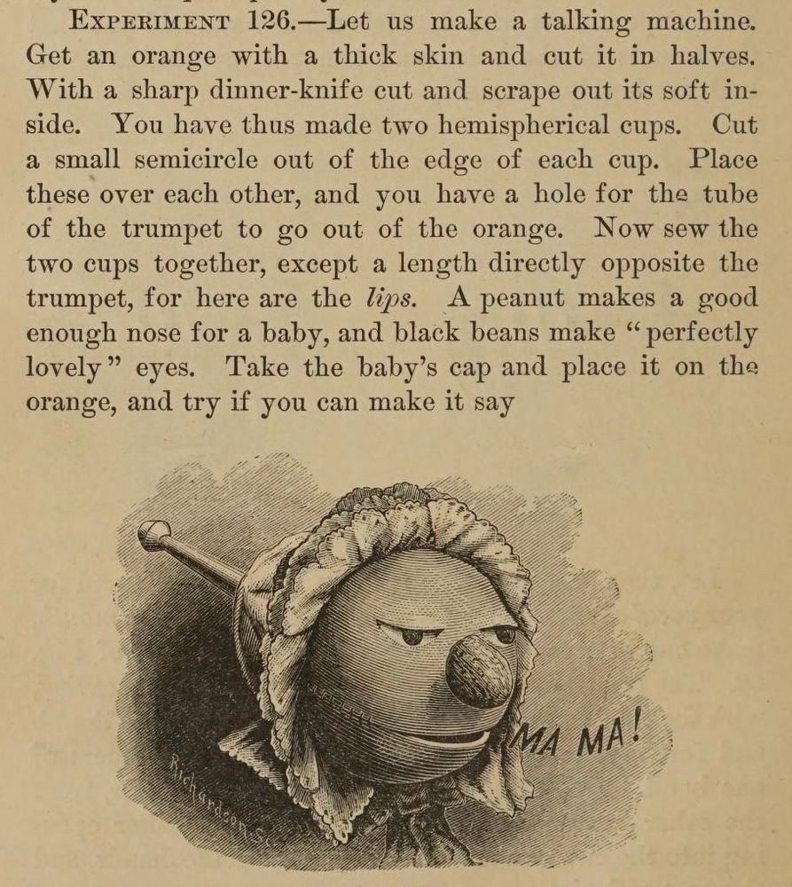 Page from Alfred Marshall Mayer’s ‘Sound’ (1879) the text reads

‘EXPERIMENT 126,—Let us make a talking machine. Get an orange with a thick skin and cut it in halves. With a sharp dinner-knife cut and scrape out its soft inside. You have thus made two hemispherical cups. Cut a small semicircle out of the edge of each cup. Place these over each other, and you have a hole for the tube of the trumpet to go out of the orange. Now sew the two cups together, except a length directly opposite the trumpet, for here are the lips. A peanut makes a good enough nose for a baby, and black beans make “ perfectly lovely” eyes. Take the baby’s cap and place it on the orange, and try if you can make it say…’

Below that is an illustration of the talking orange machine in a bonnet saying ‘MA MA!’
