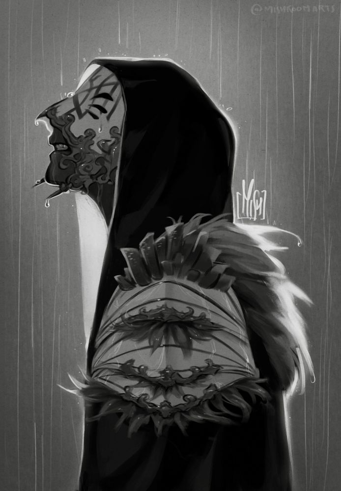 Fanart of Vessel from Sleep Token, looking up while being rained on with rim lighting illuminating him. Painted in grayscale.