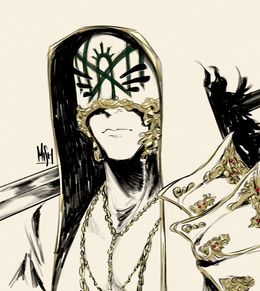 Fanart of Vessel from Sleep Token in his new outfit, holding a sword over his shoulder
