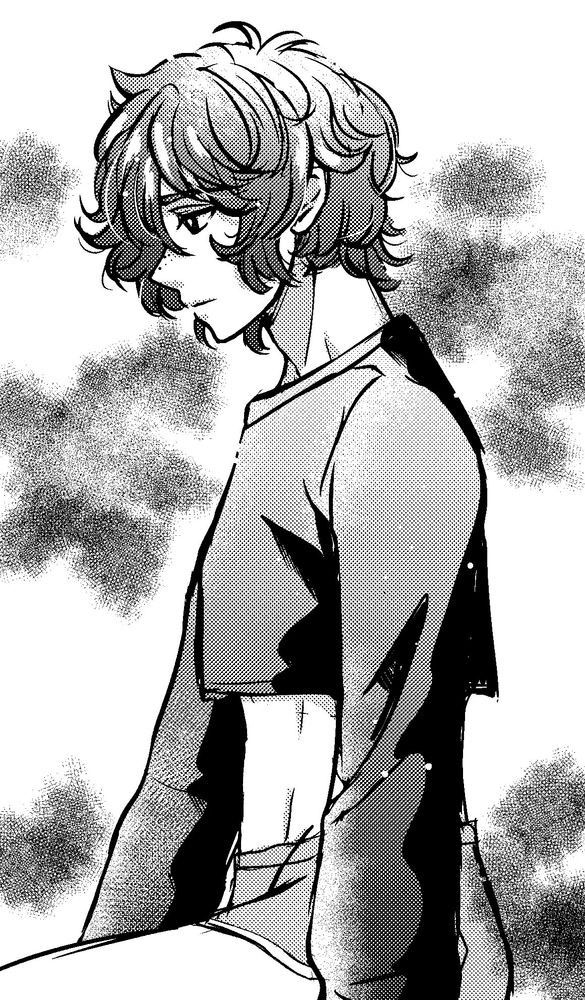 Sketch with screentones showing my OC in profile view looking gloomy