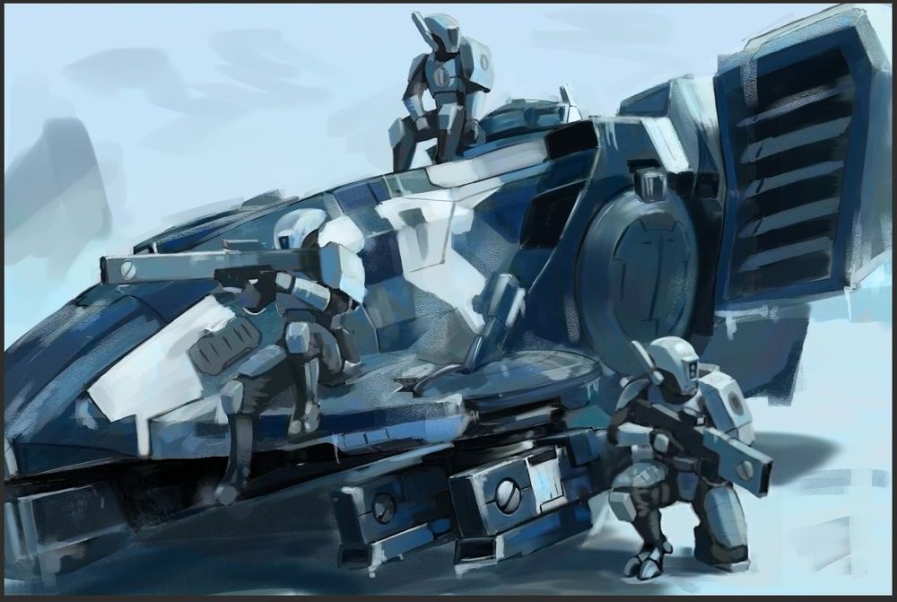 A digital concept art painting depicting a T'au Devilfish transport vehicle and three Fire Warriors in a snowy, icy environment. The scene uses a cool color palette of blues, blacks, and whites. One soldier sits on the side of the hovering vehicle aiming a rifle, another perches on the roof, and a third kneels in the foreground on the right.