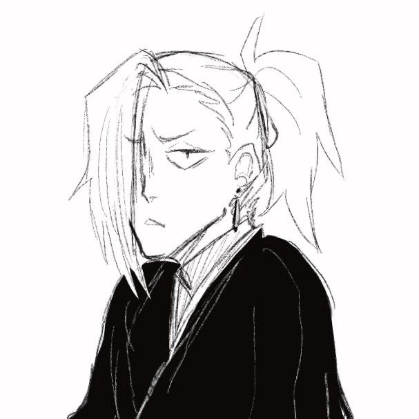 Doodle of man in shihakusho with long hair in ponytail and bangs covering one eye. 
