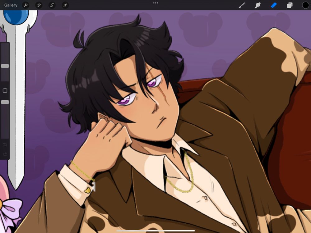 Screenshot of procreate with close up of art of teddyreckless man with messy black hair scar over eye looking fly he side and leaning on hand. Wearing a brown suit. 