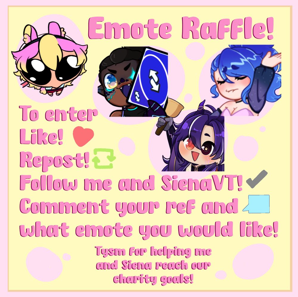 Emote Raffle for Charity goal! 🌟💝

To Enter
Like ♥️
Repost 🔄
Follow me @angelbunvt.bsky.social and @sienavt.bsky.social! 🌟💝
Comment what emote you would like from the grid and your ref please! 💗

Ends in a week! (Nov 14th)