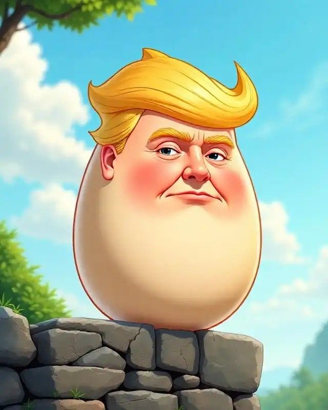 An AI created image of Humpty Dumpty being portrayed as an egg, with a caricature styled face and hair of Donald Trump. The image is present in the style of a hand drawn cartoon.