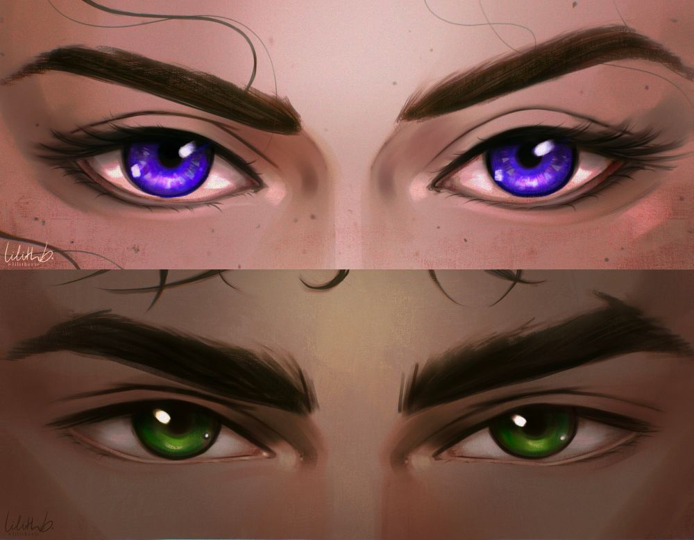 Art of a females violet eyes and a males green eyes 
