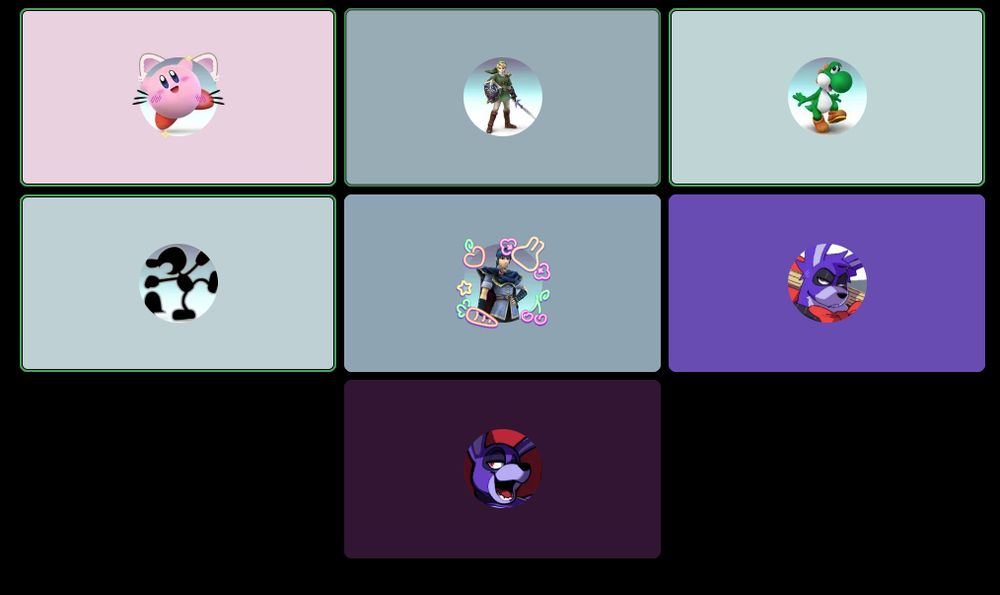 discord call screenshot, showing 7 people in a call with various profile pictures, from left to right, they are:
- a smash brawl render of kirby
- a smash brawl render of link
- a smash brawl render of yoshi
- a smash brawl render of game and watch
- a smash brawl render of marth
- fan art of bonnie from fnaf
- fan art of bonnie from fnaf