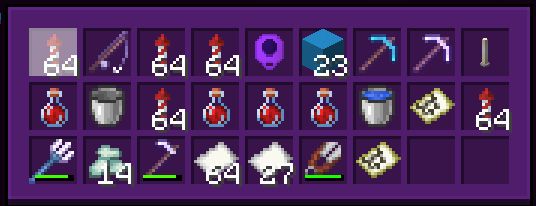 a screenshot of a minecraft shulker box inventory, inside it has a variety of items, including fireworks, health potions, a water bucket, a empty bucket, two maps, some paper, and enchanted tools like two pickaxes, a hoe, a fishing rod, and a trident. There is also an enchanted clicker, and an end rod. Two spaces are free in the shulker box.